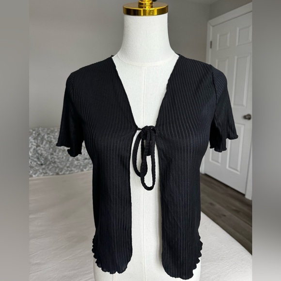 Poof New York Tops - Poof New York | Black Ribbed Tie Front Top